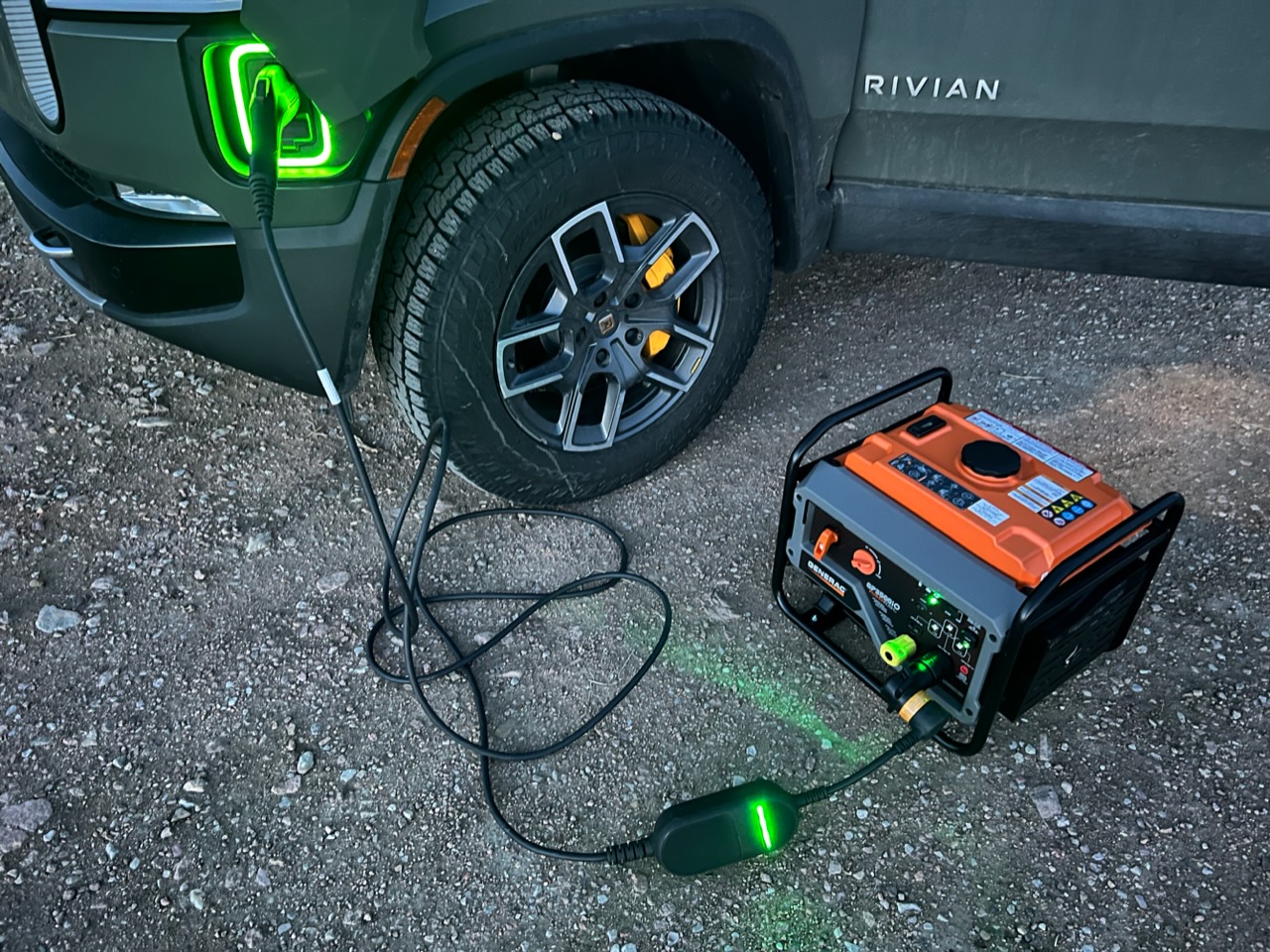 Rivian R1T R1S It's a hybrid now... R1T charged at 5.2kw with portable generator and charging adapter EF69554C-225B-47D4-8C87-ABCBF43B6ECD