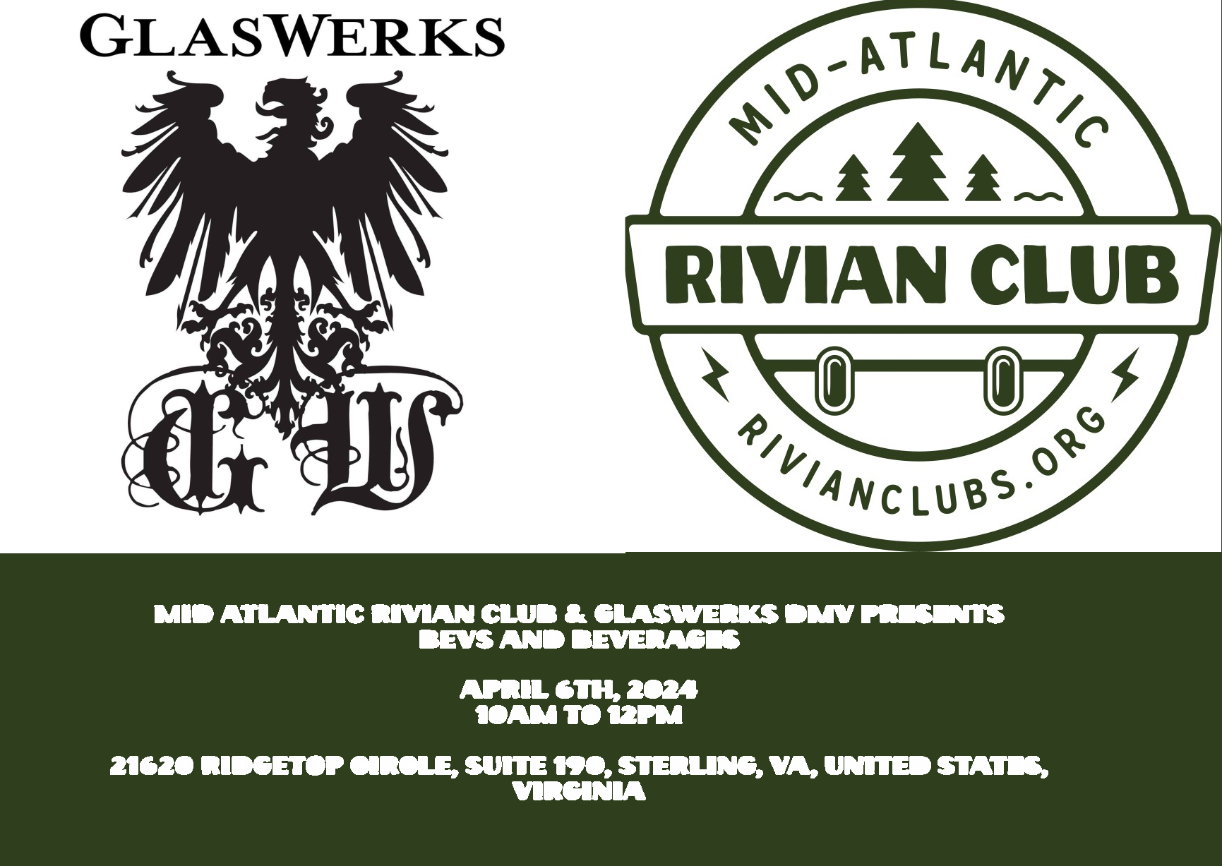 Rivian R1T R1S BEVS and Beverages April 6th, Sterling, VA GlasWerks DMV flyer