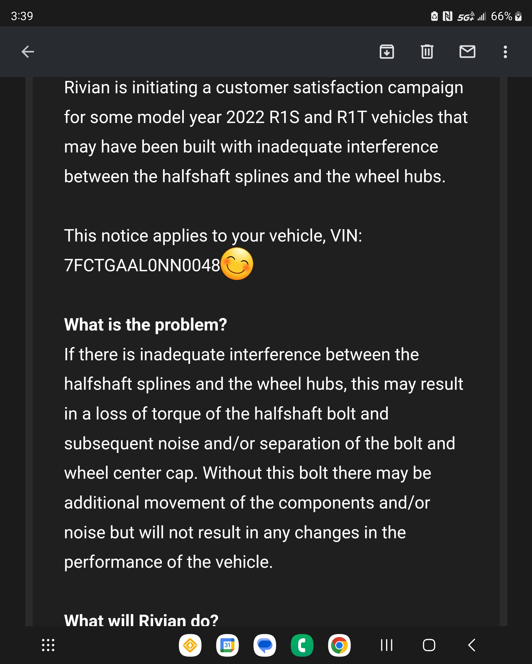 Rivian R1T R1S Customer Satisfaction Campaign (Recall?) Notice: inadequate interference between the halfshaft splines and the wheel hubs Screenshot_20230720_153910_Gmail
