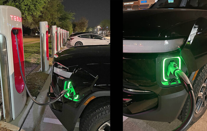 MidnightRivian's R1S Tesla Charger test session hitting speeds @ 217 kW using A2Z adapter / plug and charge feature