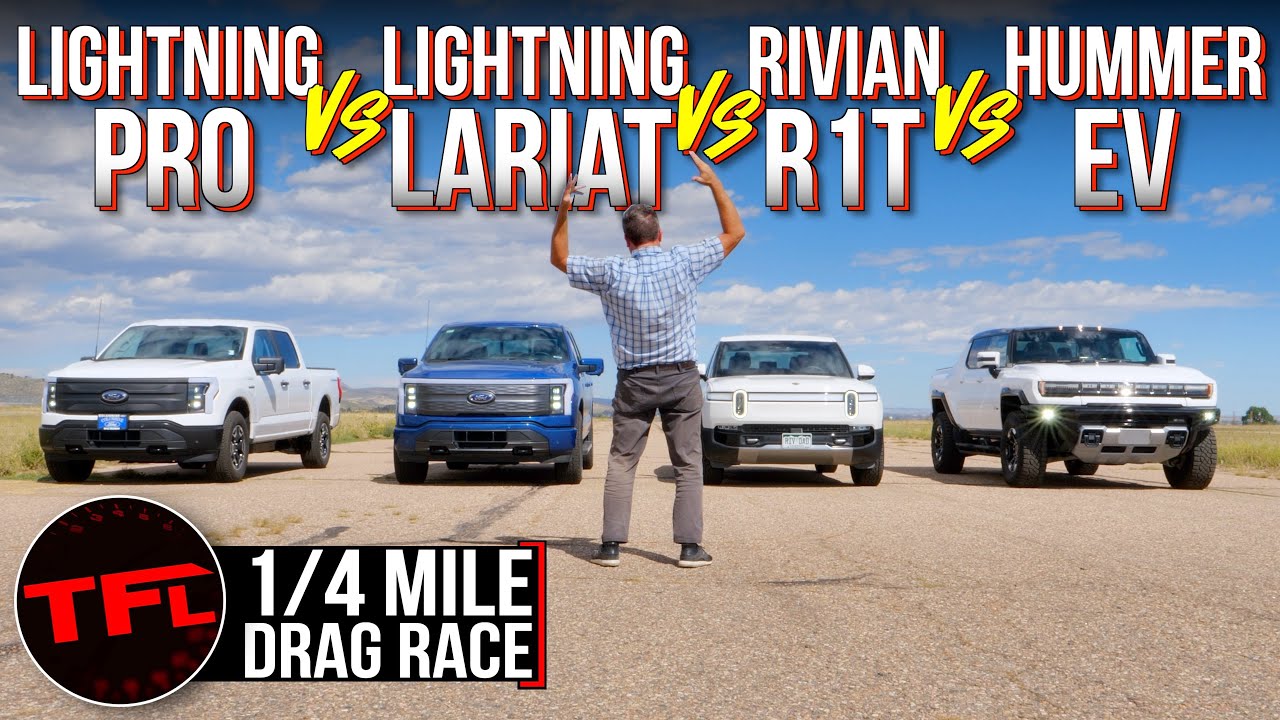 EV Truck Drag Race R1T vs Hummer vs Lightning Lariat vs Lightning Pro